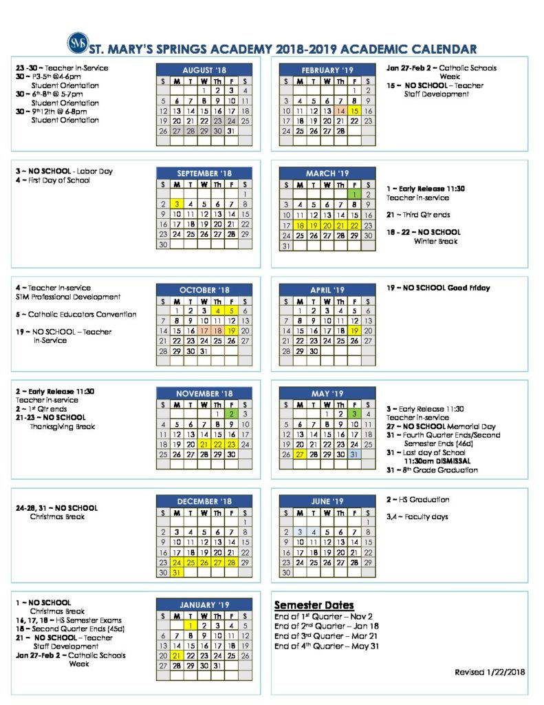 18-19 Academic Calendar | St. Mary's Springs Academy