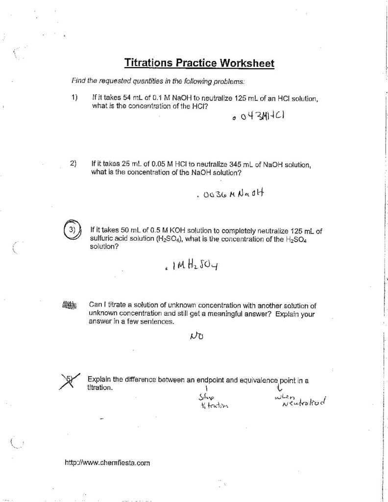 Titrations Practice Worksheet Answers