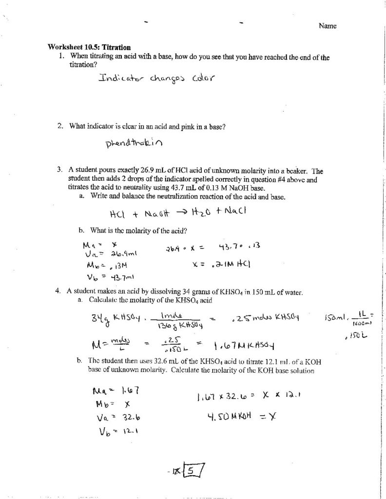 Acid Base Titration Worksheet Answers : Acid and Bases, Titration, pH Indicators Worksheets (3 ... - 2) you are titrating an acid into a base to determine the concentration of the base.