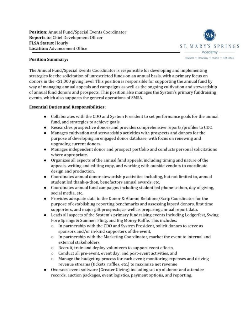 SMSA AF Special Events Coordinator Job Description St Mary s Springs
