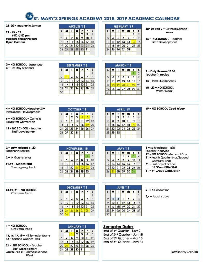 9.27.18 Updated Academic Calendar 201819 St. Mary's Springs Academy